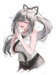  1girl :d absurdres artist_name belt black_belt black_necktie black_ribbon black_skirt blush commentary cropped_torso english_commentary grey_eyes grey_hair hair_ribbon highres hololive hololive_indonesia long_hair looking_at_viewer necktie one_eye_closed ribbon shirt simple_background skirt sleeveless sleeveless_shirt smile solo steepled_fingers very_long_hair vestia_zeta vestia_zeta_(businesswoman) virtual_youtuber white_background white_shirt yyuuikura 