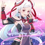  1girl arm_up artist_name bare_shoulders black_dress black_gloves braid breasts character_name clothing_cutout commentary_request double_bun dress fingerless_gloves floating_hair gloves gradient_background hair_bun hair_tubes hand_up happy_birthday highres holding holding_microphone impossible_clothes impossible_dress long_hair long_sleeves medium_breasts microphone multiple_braids parted_bangs pink_background pink_trim pinstripe_dress pinstripe_pattern purple_background purple_dress shoulder_cutout singing solo sword_art_online sword_art_online_the_movie:_ordinal_scale translation_request tu_tora2 twitter_username two-tone_dress upper_body white_background white_hair white_trim yuna_(sao) 