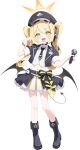 1girl absurdres black_horns black_tail black_wings blonde_hair blue_archive blush demon_girl demon_horns demon_tail demon_wings halo hat highres holding holding_microphone horns ibuki_(blue_archive) idol idol_clothes long_hair looking_at_viewer low_wings microphone midriff navel od_sey open_mouth orange_halo peaked_cap pointy_ears smile solo tail twintails wings yellow_eyes yellow_halo 
