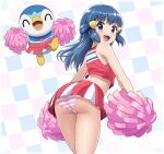  1girl absurdres ass bare_shoulders blue_eyes blue_hair blush breasts cheerleader closed_eyes commentary_request crop_top dawn_(pokemon) hair_ornament hairclip highres holding holding_pom_poms long_hair looking_at_viewer medium_breasts midriff navel official_alternate_costume open_mouth panties piplup pokemoa pokemon pokemon_(anime) pokemon_(creature) pokemon_the_series:_diamond_and_pearl pom_pom_(cheerleading) shoes skirt sleeveless smile socks striped_clothes striped_panties teeth underwear upper_teeth_only white_socks 