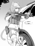  1girl animal_ears ao_homura bcm_mcmr cat_ears cat_girl cat_tail cross_piercing elly_(project_karibito) greyscale gun hair_between_eyes highres holding holding_gun holding_weapon looking_at_viewer medium_hair military military_combat_uniform military_uniform monochrome navel navel_piercing piercing project_karibito solo tactical_clothes tail trigger_discipline weapon 