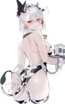  1girl absurdres animal_ears animal_print anus ass backless_outfit bare_back bare_shoulders bell blush bottle breasts chain chain_leash collar cow_ears cow_horns cow_print cow_tail ear_tag fake_animal_ears flying_sweatdrops from_behind highres holding holding_tray horns large_breasts leash leotard looking_at_viewer looking_back milk milk_bottle multicolored_hair original playboy_bunny red_collar red_eyes rerrere short_hair simple_background solo standing tail thighhighs tray two-tone_hair white_background white_hair wrist_cuffs 