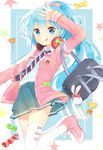  :q arm_up bag blue_eyes blue_hair candy food hatsune_miku headphones headphones_around_neck jimmy long_hair necktie ponytail project_diva_(series) project_diva_f ribbon_girl_(module) skirt solo star thighhighs tongue tongue_out very_long_hair vocaloid 