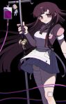  1girl apron bandaged_arm bandages bandaid bandaid_on_leg black_background black_hair blood blood_bag blush breasts collared_shirt danganronpa_(series) danganronpa_2:_goodbye_despair feet_out_of_frame highres large_breasts long_hair mi_shengwu_3.2_hao miniskirt mole mole_under_eye pink_shirt pleated_skirt puffy_short_sleeves puffy_sleeves shirt short_sleeves simple_background skirt smile solo tsumiki_mikan white_apron 