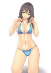  bikini black_hair blush breasts cleavage green_eyes grin kneeling large_breasts long_hair looking_at_viewer muffin_(sirumeria) navel open_mouth original simple_background skindentation smile solo strap_lift string_bikini swimsuit white_background 