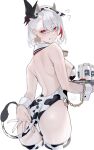  1girl absurdres animal_ears animal_print backless_outfit bare_back bare_shoulders bell blush bottle breasts chain chain_leash collar cow_ears cow_horns cow_print cow_tail ear_tag fake_animal_ears flying_sweatdrops from_behind highres holding holding_tray horns large_breasts leash leotard looking_at_viewer looking_back milk milk_bottle multicolored_hair original playboy_bunny red_collar red_eyes rerrere short_hair simple_background solo standing tail thighhighs tray two-tone_hair white_background white_hair wrist_cuffs 