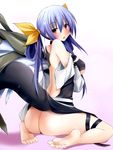  ass asymmetrical_wings bare_back bare_shoulders barefoot blue_hair blush breasts choker dd_mayohara dizzy guilty_gear large_breasts looking_back no_panties open_mouth red_eyes ribbon sitting solo tail wings 