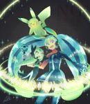  2girls absurdres aqua_eyes aqua_hair black_dress blonde_hair blue_thighhighs blush commentary_request dress gradient_hair green_hair hair_between_eyes hair_ornament hatsune_miku headset highres holding holding_microphone long_hair looking_at_viewer looking_up meloetta meloetta_(aria) microphone mitsubana multicolored_eyes multicolored_hair multiple_girls open_mouth pikachu poke_ball_theme pokemon pokemon_(creature) project_voltage red_eyes smile thighhighs very_long_hair vocaloid 