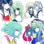  ascot bad_id bad_pixiv_id blonde_hair blue_eyes braid brown_hair front_ponytail fuusuke_(f4989) green_eyes green_hair hakurei_reimu hat izayoi_sakuya kagiyama_hina kazami_yuuka kirisame_marisa kochiya_sanae long_hair maid multiple_girls plaid plaid_vest profile red_eyes ribbon rod_of_remorse shiki_eiki short_hair silver_hair touhou twin_braids vest witch_hat yellow_eyes 