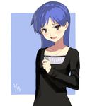  :d blue_background blue_hair blush border brown_eyes collarbone dated idolmaster idolmaster_(classic) idolmaster_1 jewelry kisaragi_chihaya necklace open_mouth pendant simple_background smile solo yu_65026 