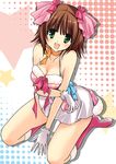  :d amami_haruka bare_shoulders breast_hold breasts brown_hair cleavage cute_&amp;_girly_(idolmaster) gloves green_eyes idolmaster idolmaster_(classic) idolmaster_1 legs looking_at_viewer medium_breasts open_mouth sitting skirt smile solo wariza yukiwo 