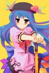  blue_hair blush food fruit hat hinanawi_tenshi leaf long_hair peach red_eyes shige solo sword sword_of_hisou touhou weapon 