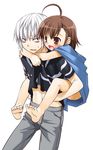  1girl accelerator ahoge barefoot carrying child feet last_order nakajima_yuka piggyback shirt soles striped striped_shirt to_aru_majutsu_no_index 