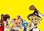  blonde_hair blue_eyes blue_hair bow braid broom brown_hair choborau_nyopomi cirno detached_sleeves hair_ribbon hakurei_reimu hat horn_ribbon horns ibuki_suika kirisame_marisa long_hair multiple_girls polearm purple_eyes red_eyes ribbon short_hair side_braid spear touhou weapon wings witch_hat 