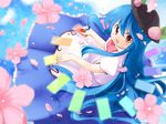  blue_hair emurin flower food fruit hat hinanawi_tenshi leaf long_hair peach petals red_eyes solo touhou 