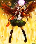  artist_name brown_hair fire full_body kanonn_y long_hair outstretched_arm red_eyes reiuji_utsuho skirt solo standing touhou wings 