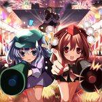  5girls aerial_fireworks fireworks hat kawashiro_nitori kochiya_sanae lantern megaphone moriya_suwako multiple_girls notice_lines shameimaru_aya shino_(eefy) sweatdrop tokin_hat tokyo_big_sight touhou two_side_up yasaka_kanako 
