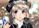  blue_eyes copyright_request cross earphones hat long_hair lowres muroi_maki solo 