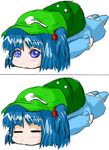  :&gt; =_= artist_request backpack bag blue_hair chibi hair_bobbles hair_ornament hat kawashiro_nitori lying on_stomach short_hair sketch touhou two_side_up 
