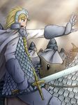  armor blonde_hair cape gauntlets helmet kaze_no_tani_no_nausicaa kushana solo_focus sword tetsuji weapon 