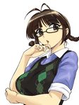  akizuki_ritsuko antenna_hair argyle argyle_sweater_vest black-framed_eyewear braid breasts brown_eyes brown_hair college_of_angel_(idolmaster) glasses hand_on_own_cheek idolmaster idolmaster_(classic) idolmaster_sp large_breasts lips looking_at_viewer michael short_hair short_sleeves simple_background solo sweater_vest twin_braids upper_body white_background 