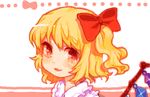  bad_id bad_pixiv_id blonde_hair bow fang flandre_scarlet hair_bow hair_ribbon hizuki_akira no_hat no_headwear oekaki one_side_up red_eyes ribbon short_hair smile solo touhou wings 