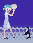  bird blue_hair calpis calpis-tan child dress happy ichikawa instrument penguin polka_dot purple_eyes solo tambourine 