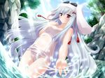  1girl game_cg hat one-piece_swimsuit red_eyes school_swimsuit silver_hair sky solo swimsuit water white_hair white_school_swimsuit white_swimsuit 