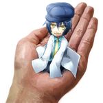  androgynous blue_hair cabbie_hat hands hat in_palm kneeling labcoat minigirl necktie negi_hei out_of_frame oversized_clothes persona persona_4 pov pov_hands reverse_trap shirogane_naoto short_hair sleeves_past_fingers sleeves_past_wrists smile solo_focus yellow_eyes 