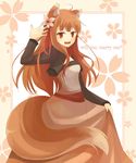  animal_ears bad_id bad_pixiv_id brown_hair chocho_(homelessfox) dress engrish fang flower holo long_hair ranguage red_eyes skirt solo spice_and_wolf tail wolf_ears 