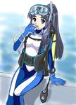  asakura_ryouko blue_eyes blue_hair diving_mask diving_mask_on_head diving_regulator fujita_(speedlimit) long_hair ponytail scuba scuba_tank snorkel solo suzumiya_haruhi_no_yuuutsu wetsuit 