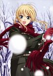  absurdres artoria_pendragon_(all) bare_tree blonde_hair day fate/stay_night fate_(series) forest gloves green_eyes hair_ribbon highres nakajima_atsuko nature open_mouth outdoors red_gloves red_scarf ribbon saber scarf smile snow snowing solo tree winter 