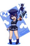  blue_eyes blue_hair bullet cabbie_hat glasses gun hat persona persona_4 shirogane_naoto short_hair solo taru_neko weapon 