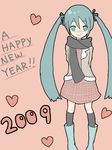  2009 aqua_hair arms_behind_back bad_id bad_pixiv_id english hatsune_miku heart long_hair momiji_(aozoraheart) new_year simple_background smile solo twintails very_long_hair vocaloid 