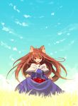  animal_ears apple brown_hair domotolain dress food fruit holo long_hair red_eyes skirt skirt_basket smile solo spice_and_wolf tail wheat wolf_ears 