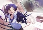  headphones idolmaster idolmaster_(classic) idolmaster_1 kisaragi_chihaya looking_back microphone misagi_nagu pop_filter recording_studio reflection solo studio_microphone 