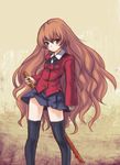  aisaka_taiga bad_id bad_pixiv_id black_legwear blood bokken brown_eyes brown_hair fujipo long_hair oohashi_high_school_uniform school_uniform solo sword thighhighs toradora! very_long_hair weapon wooden_sword 