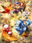  :d android autumn_leaves axl blonde_hair falling_leaves from_above full_body helmet leaf long_hair looking_up machinery mri multiple_boys open_mouth ponytail robot rockman rockman_x smile standing very_long_hair x_(rockman) zero_(rockman) 