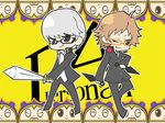  glasses hanamura_yousuke kisaki kuma_(persona_4) multiple_boys narukami_yuu one_eye_closed persona persona_4 school_uniform sword weapon yasogami_school_uniform 