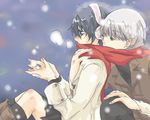  1girl androgynous artist_request black_hair blue_eyes breath cold couple earmuffs hetero narukami_yuu persona persona_4 scarf shared_scarf shirogane_naoto snow winter 