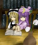  blonde_hair book brown_eyes flower hat kirisame_marisa long_hair multiple_girls patchouli_knowledge purple_eyes purple_hair sketch tetsuji touhou vase witch_hat 