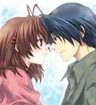  1girl antenna_hair blue_eyes blue_hair brown_eyes brown_hair clannad couple furukawa_nagisa hetero husband_and_wife ikuhashi_muiko okazaki_tomoya short_hair 