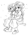  :d alice_margatroid apron blush dress full_body greyscale hairband hat kirisame_marisa monochrome multiple_girls murabito open_mouth puffy_short_sleeves puffy_sleeves shoes short_sleeves simple_background smile sneakers touhou waist_apron white_background witch_hat 