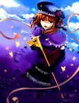  blue_eyes bug butterfly dress elbow_gloves eva_beatrice flower flying formal gloves hat highres insect kuriko_(scarlet_sky) orange_hair ribbon rose scepter sky smile solo umineko_no_naku_koro_ni 