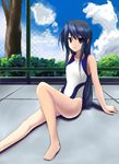  arm_support barefoot blue_eyes blue_hair chain-link_fence cloud competition_swimsuit day feet fence flat_chest hino_minato_(spec.c) long_hair one-piece_swimsuit original sitting solo swimsuit 