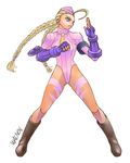  braid cammy_white fingerless_gloves garrison_cap gloves hat leotard long_hair pink_hat pink_leotard purple_gloves solo street_fighter twin_braids walnov 