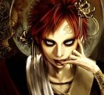  1boy artist_request face facial_mark gaara lowres naruto painterly realistic red_hair sackcloth_and_ashes sand tongue 