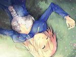  artoria_pendragon_(all) blonde_hair breasts cleavage closed_eyes fate/stay_night fate_(series) grass lying mikage_sekizai saber shadow small_breasts smile solo unbuttoned wallpaper 