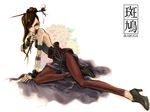  brown_hair dress fishnets gothic hair_bun hair_ornament hao_&amp;_su high_heels ikaruga kagari_(ikaruga) leggings long_hair shoes solo 