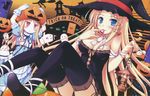  :&lt; :3 :p avril_(shukufuku_no_campanella) black_legwear black_panties blonde_hair blue_eyes breasts carina_verritti cleavage dress earrings ghost halloween hat highres jack-o'-lantern jack-o'-lantern_earrings jewelry ko~cha lantern legs medium_breasts multiple_girls object_on_head panties pumpkin pumpkin_hat red_eyes shukufuku_no_campanella side-tie_panties sitting thighhighs tongue tongue_out trick_or_treat underwear witch_hat 